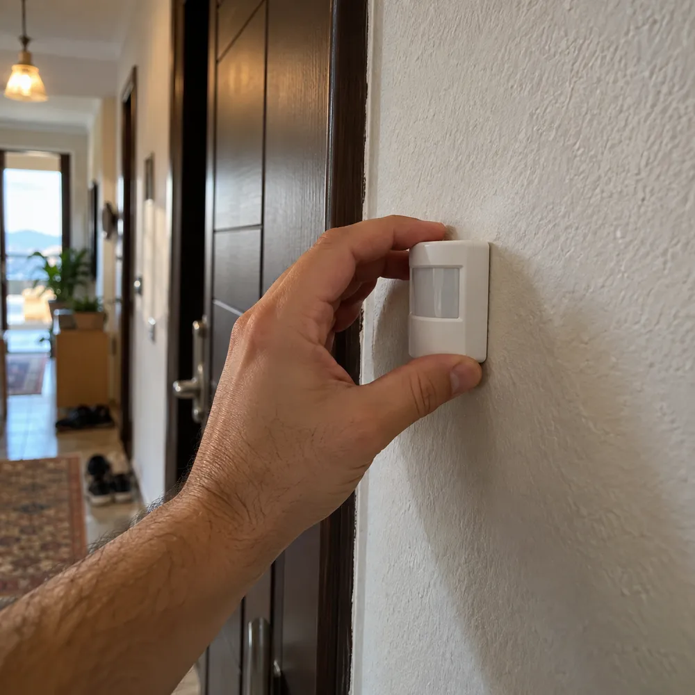 Koridor duvarına küçük beyaz sensör yapıştıran el